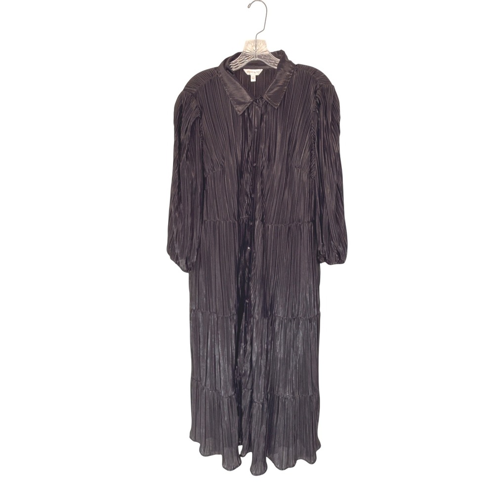 Crown & Ivy Midi Dress Black Satin Pleated‎ Button Up Long Sleeve Classy Large